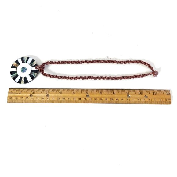 Vtg Inlaid Abalone & Mother of Pearl on Brown Multi Strand Seed Beaded Necklace - Picture 7 of 8